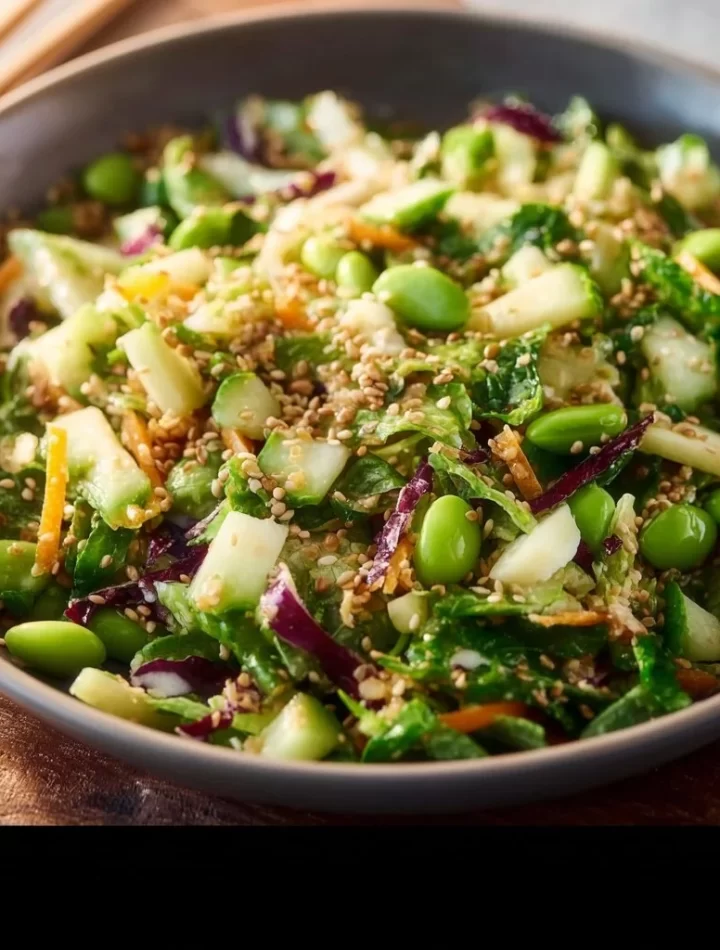Asian salad with high protein dressing and colorful vegetables