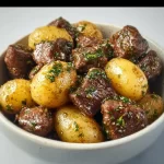 Savory garlic butter beef bites with tender potatoes in a delicious family dinner