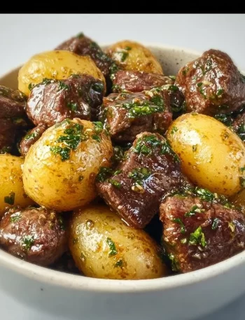 Savory garlic butter beef bites with tender potatoes in a delicious family dinner