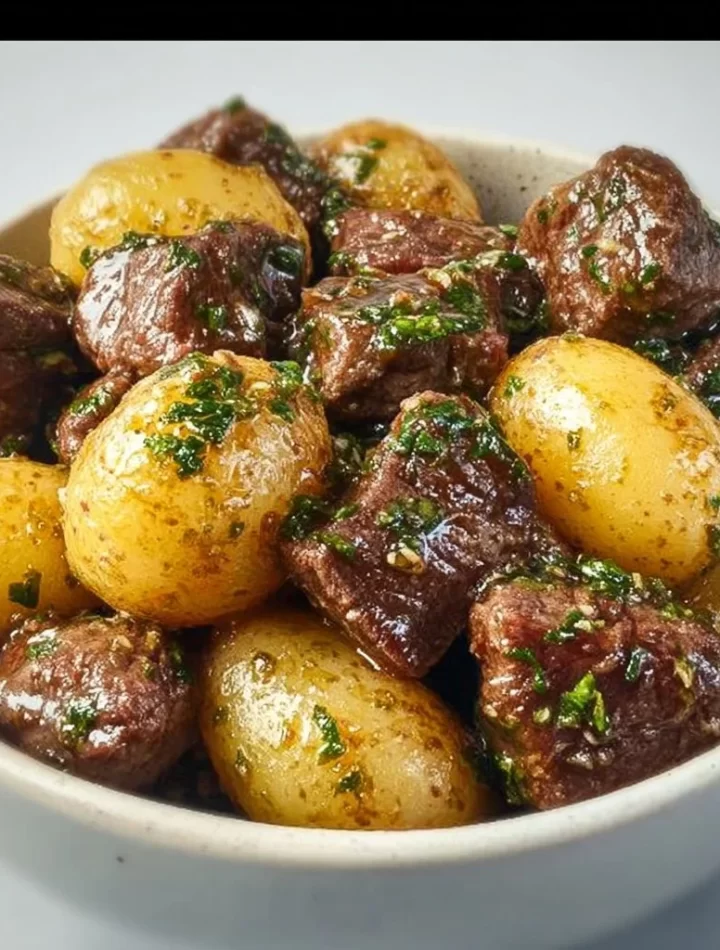 Savory garlic butter beef bites with tender potatoes in a delicious family dinner