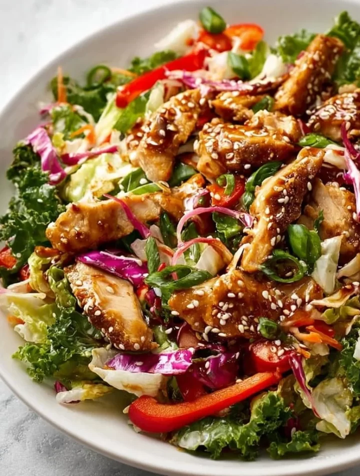A vibrant sesame chicken salad topped with sesame seeds and fresh vegetables.