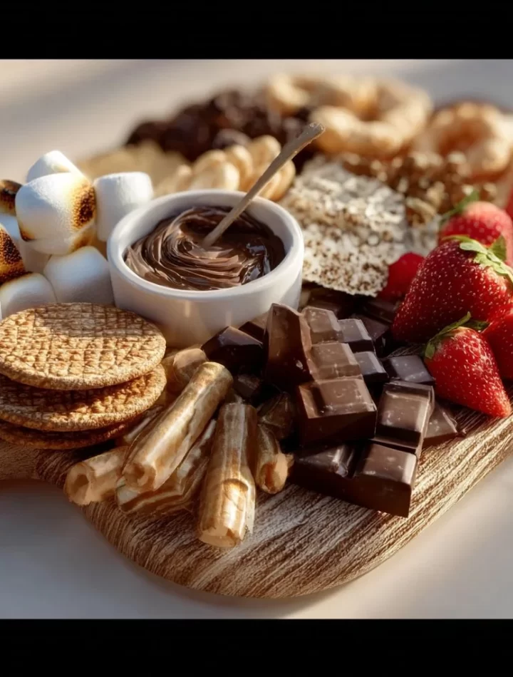 S'mores charcuterie board featuring marshmallows, chocolate, and graham crackers.