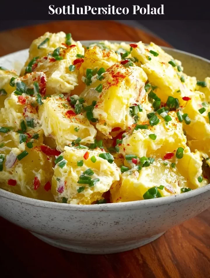 Southern potato salad with chives and paprika on a serving plate