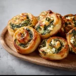 Spinach and Feta Pinwheels on a plate garnished with herbs