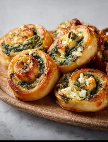 Spinach and Feta Pinwheels on a plate garnished with herbs