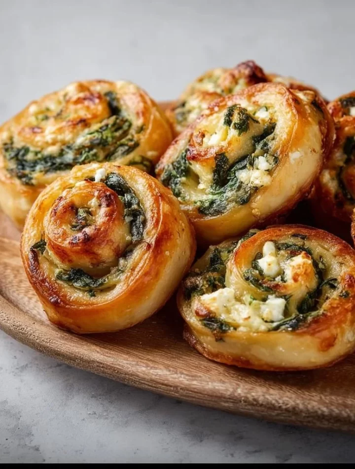 Spinach and Feta Pinwheels on a plate garnished with herbs