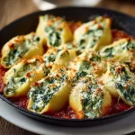 Delicious plate of Spinach and Ricotta Stuffed Shells topped with marinara sauce