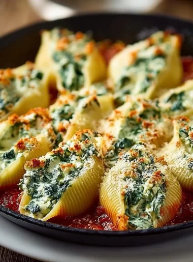 Delicious plate of Spinach and Ricotta Stuffed Shells topped with marinara sauce