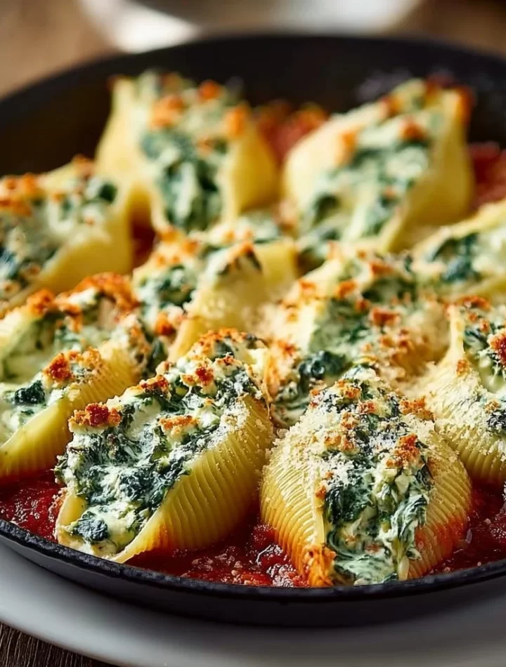 Delicious plate of Spinach and Ricotta Stuffed Shells topped with marinara sauce