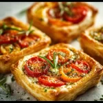 Delicious Tomato Tartlets with Puff Pastry garnished with herbs