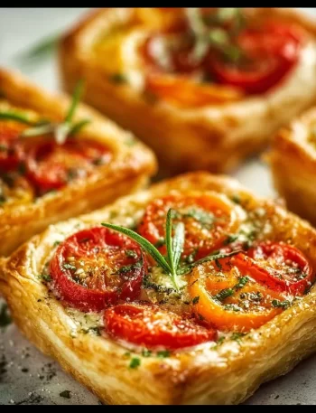 Delicious Tomato Tartlets with Puff Pastry garnished with herbs