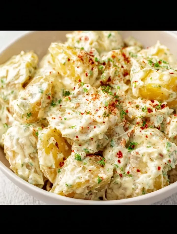 Vegan Potato Salad served in a bowl with fresh herbs and vegetables