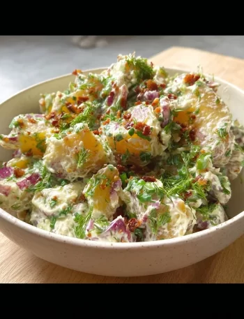 Vegan smashed potato salad served in a bowl with fresh herbs and spices.