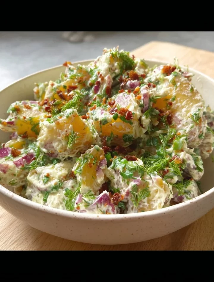 Vegan smashed potato salad served in a bowl with fresh herbs and spices.