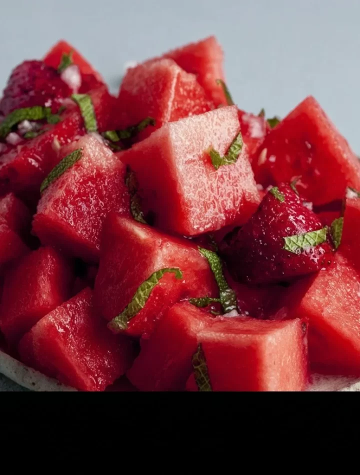 Colorful watermelon salad with fruits and mint served in a bowl
