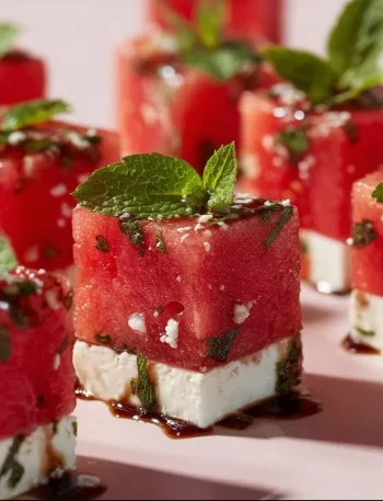 Watermelon mint feta bites served on a platter for a refreshing appetizer.