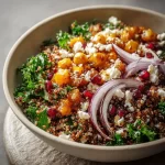 A colorful Winter Mediterranean Quinoa Bowl filled with fresh vegetables and quinoa.