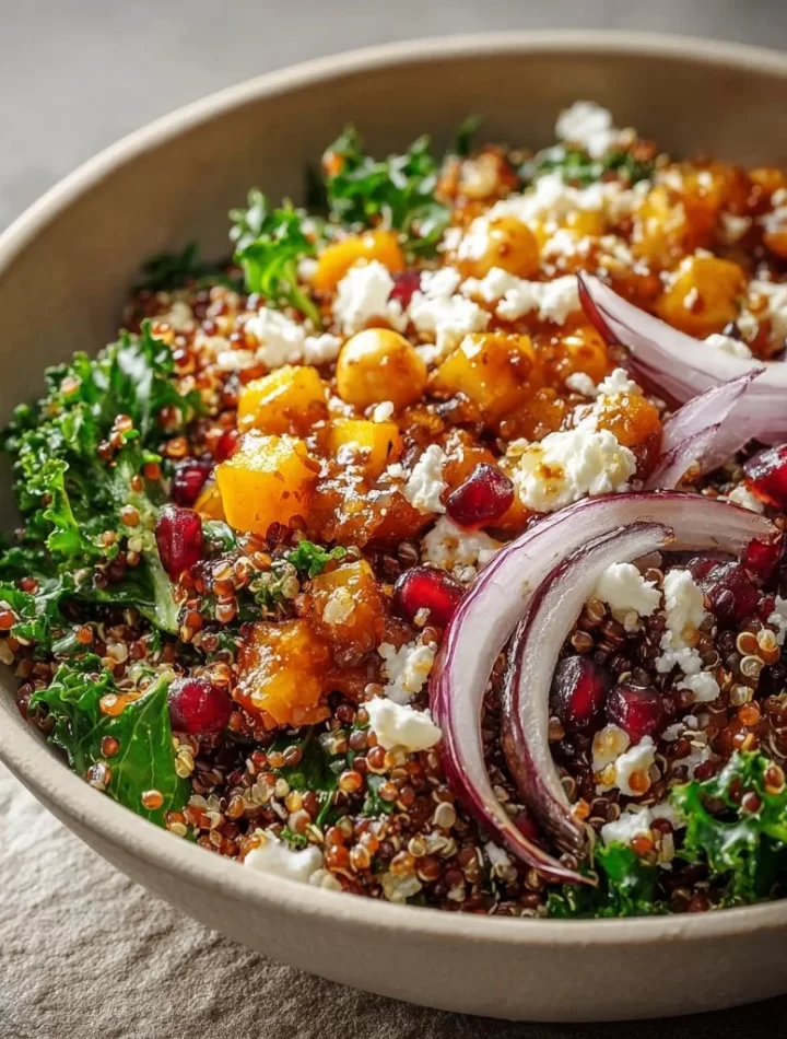 A colorful Winter Mediterranean Quinoa Bowl filled with fresh vegetables and quinoa.