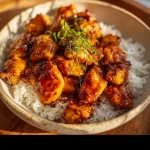 Quick and easy honey garlic chicken bites on a plate, garnished with sesame seeds.