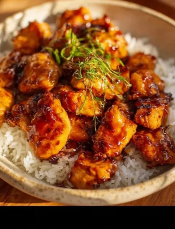 Quick and easy honey garlic chicken bites on a plate, garnished with sesame seeds.