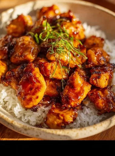 Quick and easy honey garlic chicken bites on a plate, garnished with sesame seeds.