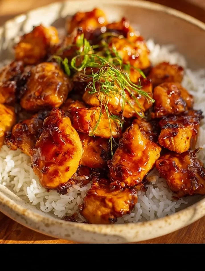 Quick and easy honey garlic chicken bites on a plate, garnished with sesame seeds.