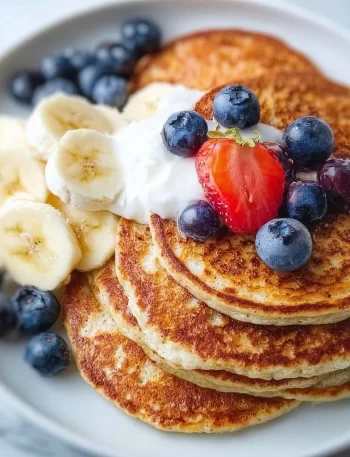 Three-ingredient high protein pancakes stacked on a plate with fresh fruit
