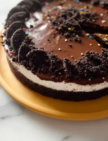 Delicious 3-Ingredient TikTok Oreo Cake topped with crushed Oreos.