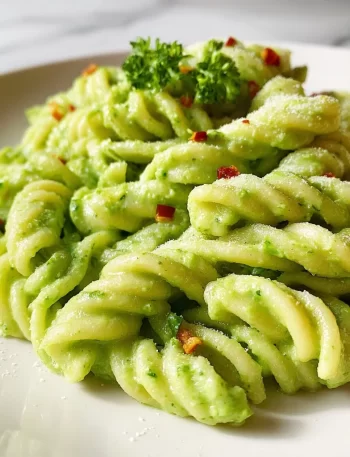 A bowl of creamy avocado broccoli pasta garnished with fresh herbs.