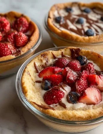 Baked Protein Pancake Bowls topped with fresh fruits and nuts