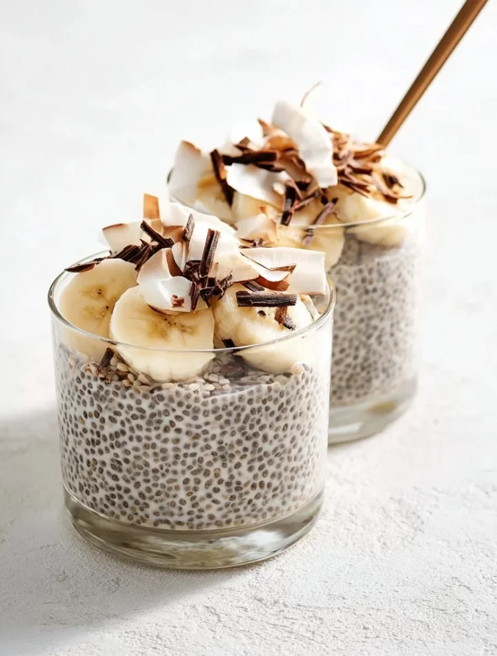 Delicious bowl of Banana Chia Pudding topped with banana slices and nuts