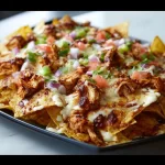 Delicious BBQ Chicken Nachos topped with cheese, jalapenos, and BBQ sauce