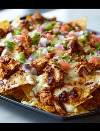 Delicious BBQ Chicken Nachos topped with cheese, jalapenos, and BBQ sauce