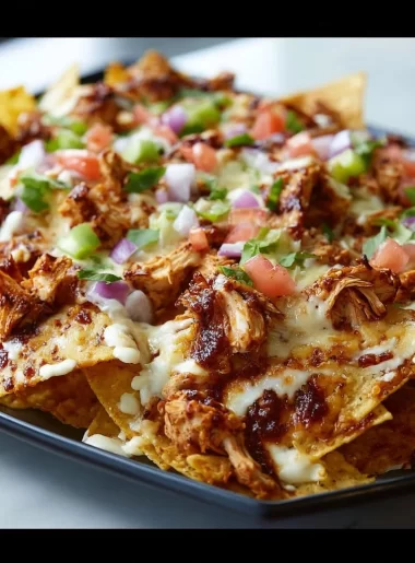 Delicious BBQ Chicken Nachos topped with cheese, jalapenos, and BBQ sauce