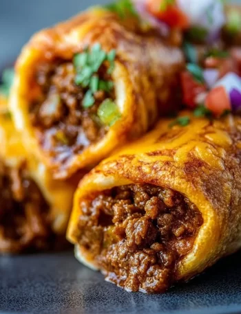 Delicious Beef and Cheese Chimichangas served with salsa and toppings