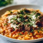 Delicious Beef Orzo with Tomato Cream Sauce on a plate