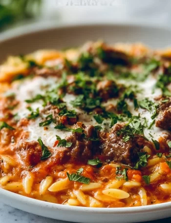 Delicious Beef Orzo with Tomato Cream Sauce on a plate