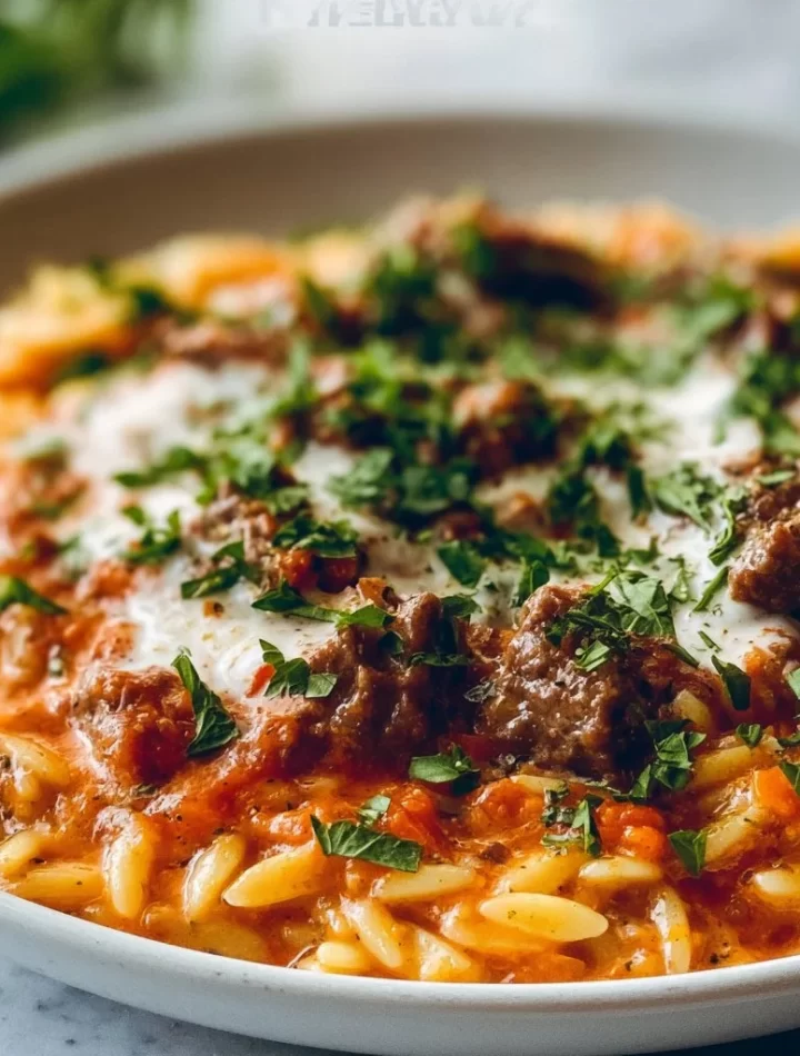Delicious Beef Orzo with Tomato Cream Sauce on a plate