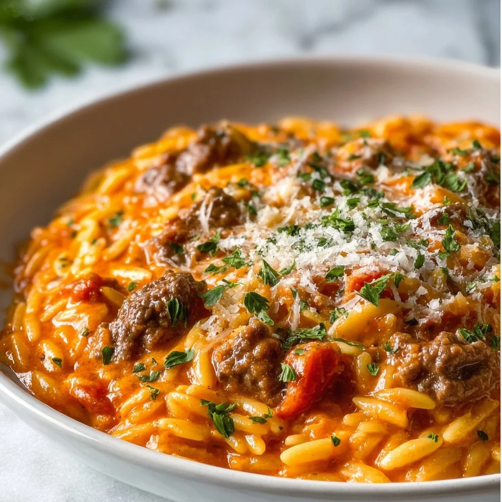 Beef Orzo with Tomato Cream Sauce