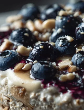 Delicious blueberry cheesecake overnight oats in a glass topped with fresh blueberries.