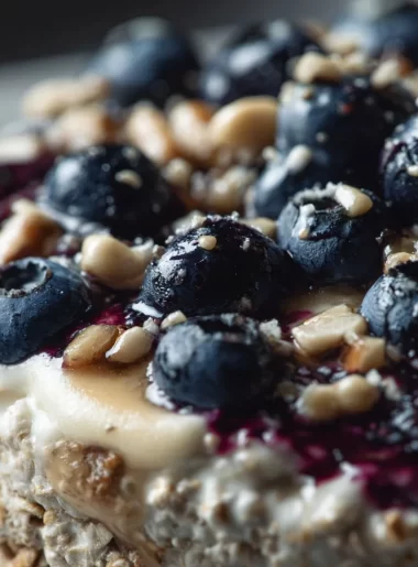Delicious blueberry cheesecake overnight oats in a glass topped with fresh blueberries.