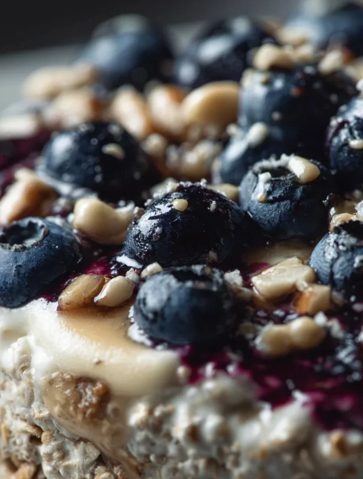 Delicious blueberry cheesecake overnight oats in a glass topped with fresh blueberries.