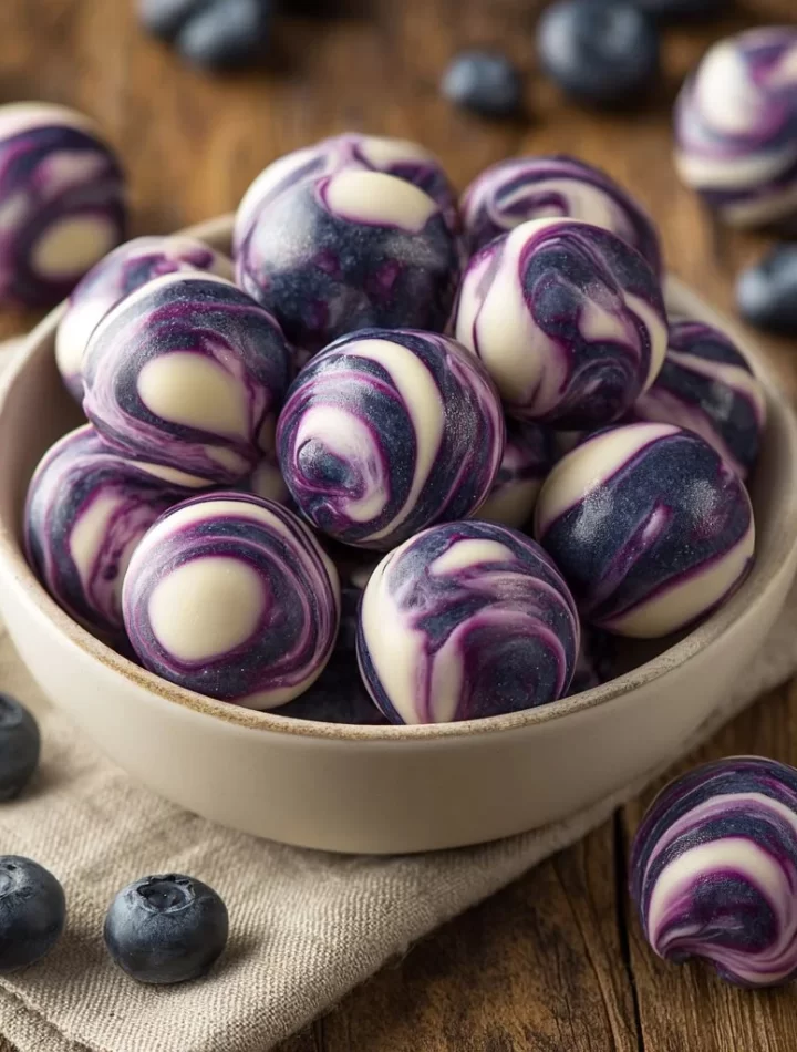 Homemade Blueberry Greek Yogurt Bites on a white plate