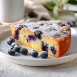Slice of homemade blueberry yogurt cake topped with fresh blueberries