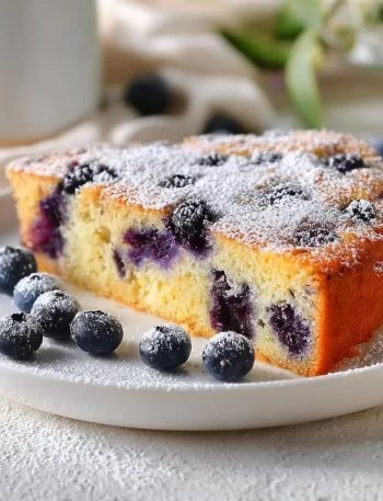 Slice of homemade blueberry yogurt cake topped with fresh blueberries