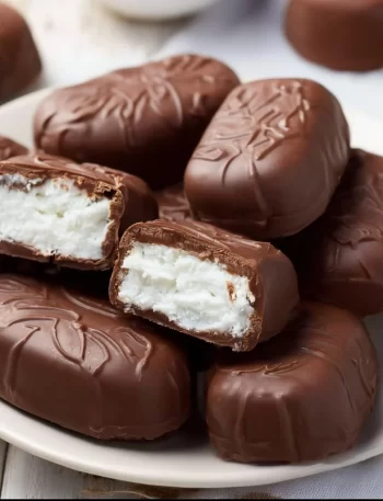 Homemade Bounty Bar chocolate coconut bars on a wooden surface.