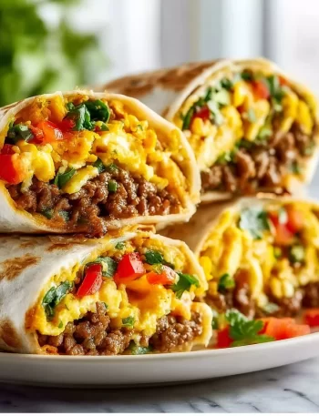 Delicious breakfast burritos filled with eggs, cheese, and fresh vegetables