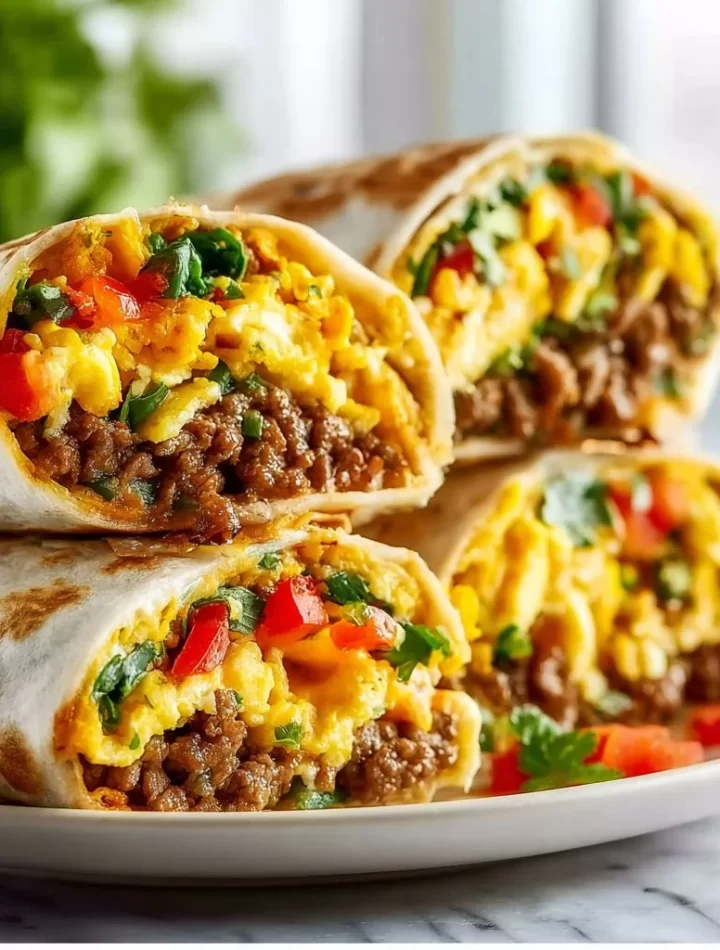 Delicious breakfast burritos filled with eggs, cheese, and fresh vegetables