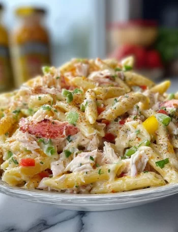 A bowl of spicy Cajun Crab Pasta Salad with fresh herbs and crab meat.