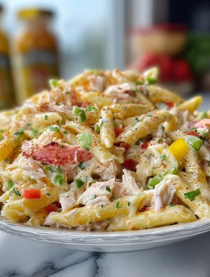 A bowl of spicy Cajun Crab Pasta Salad with fresh herbs and crab meat.